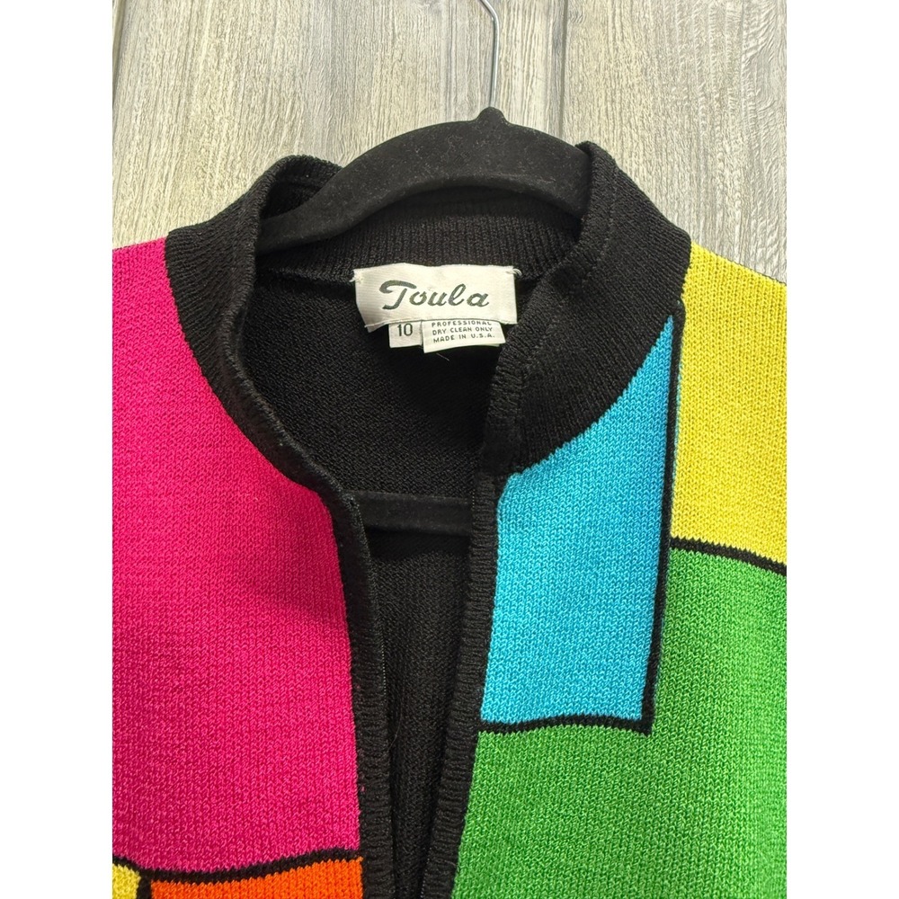 Toula Vintage Colorblock Geometric Zip Up Cardigan Sweater Womens 10 Black Multi - Picture 2 of 13